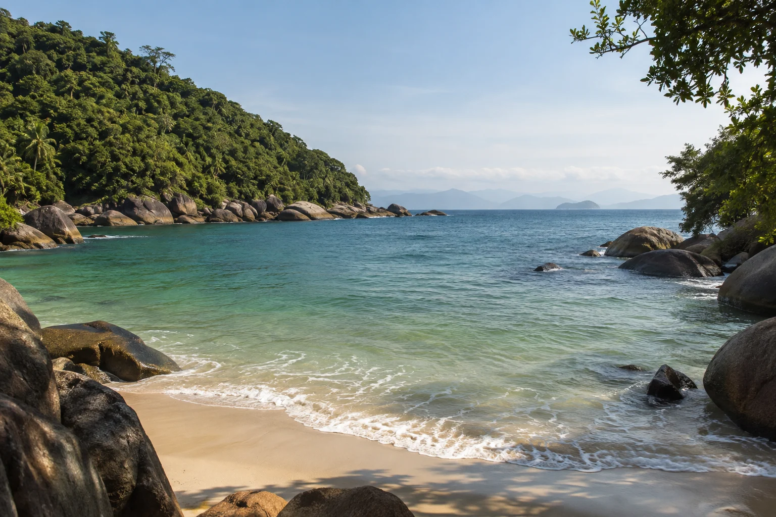 Paisagem da Ilha do Prumirim em Ubatuba, com mar e Mata Atlântica